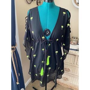 Versona Swim Cover-Up OS Drawstring Waist Black Palm Trees NEW